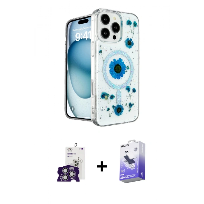 MARSİLYAN™- iPhone 16 Pro Max Kılıf Kozmos Doku - Siyah Bilvis 5in1 5D Magic Hayalet Cam Ekran Koruyucu + Bilvis Titan Kamera Lens - GS