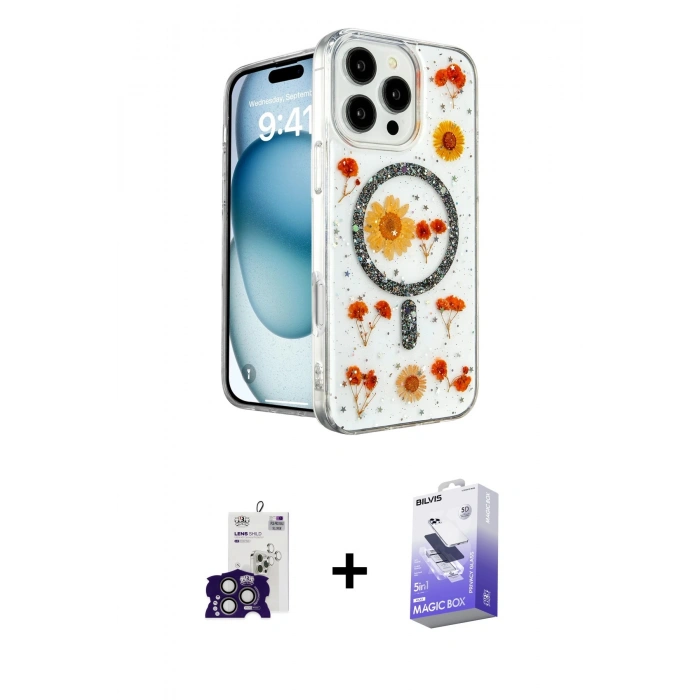 MARSİLYAN™- iPhone 16 Pro Max Kılıf Kozmos Doku - Siyah Bilvis 5in1 5D Magic Hayalet Cam Ekran Koruyucu + Bilvis Titan Kamera Lens - TMGI