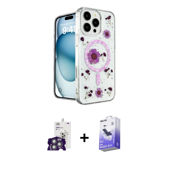MARSİLYAN™- iPhone 16 Pro Max Kılıf Kozmos Doku - Siyah Bilvis 5in1 5D Magic Hayalet Cam Ekran Koruyucu + Bilvis Titan Kamera Lens - GS