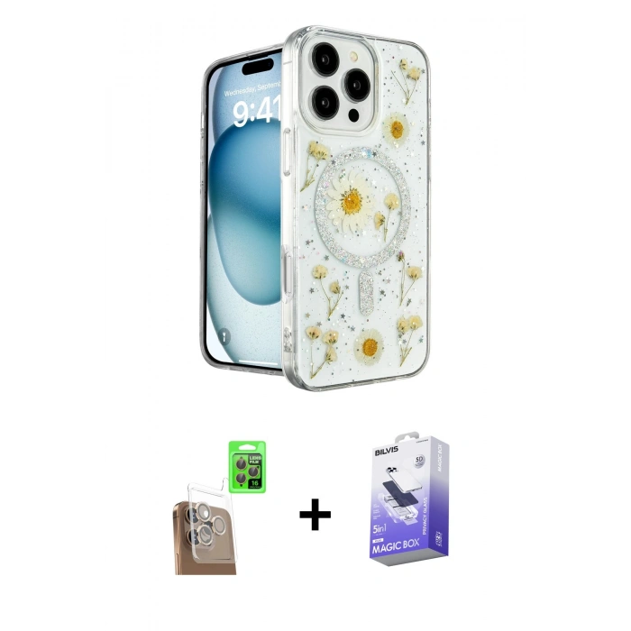 MARSİLYAN™- iPhone 16 Pro Max Kılıf Kozmos Doku - Siyah Bilvis 5in1 5D Magic Hayalet Cam Ekran Koruyucu + Raze Metal Kamera Lens - CLTM