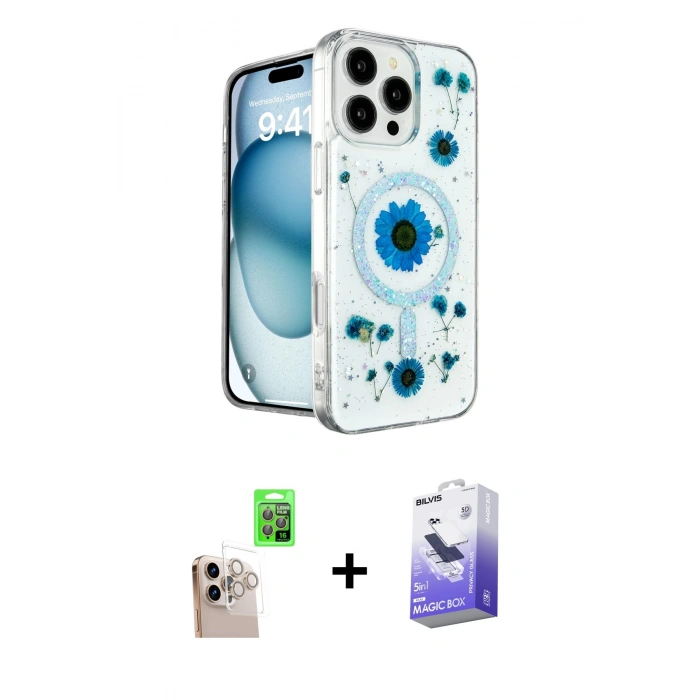 MARSİLYAN™- iPhone 16 Pro Max Kılıf Kozmos Doku - Siyah Bilvis 5in1 5D Magic Hayalet Cam Ekran Koruyucu + Raze Metal Kamera Lens - NLGY