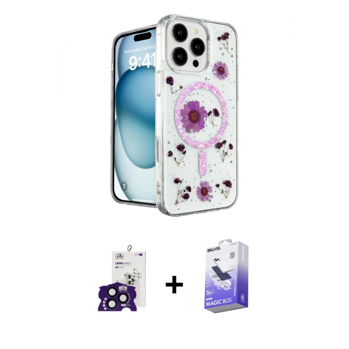 MARSİLYAN™- iPhone 16 Pro Max Kılıf Kozmos Doku - Siyah Bilvis 5in1 5D Magic Hayalet Cam Ekran Koruyucu + Bilvis Titan Kamera Lens - SH
