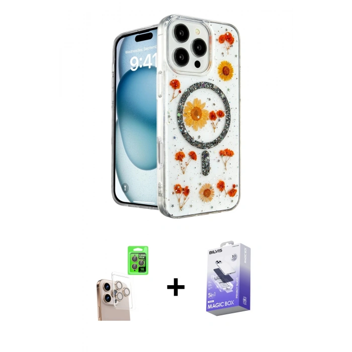 MARSİLYAN™- iPhone 16 Pro Max Kılıf Kozmos Doku - Siyah Bilvis 5in1 5D Magic Hayalet Cam Ekran Koruyucu + Raze Metal Kamera Lens - NLGY
