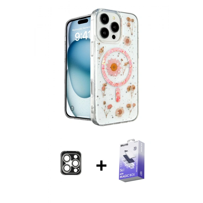 MARSİLYAN™- iPhone 16 Pro Max Kılıf Kozmos Doku - Siyah Bilvis 5in1 5D Magic Hayalet Cam Ekran Koruyucu + Gümüş PVD Metal Kamera Lens