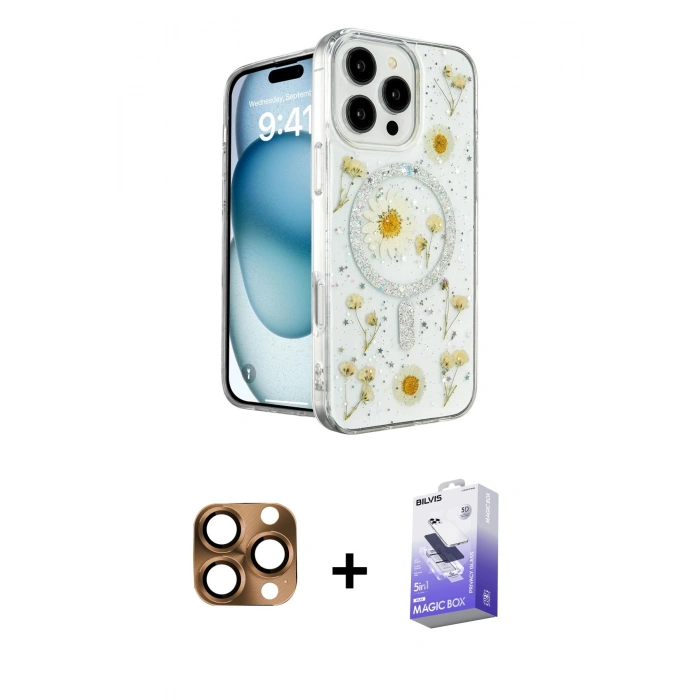 MARSİLYAN™- iPhone 16 Pro Max Kılıf Kozmos Doku - Siyah Bilvis 5in1 5D Magic Hayalet Cam Ekran Koruyucu + Pers Alüminyum Kamera Lens - CLTM