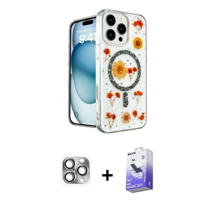 MARSİLYAN™- iPhone 16 Pro Max Kılıf Kozmos Doku - Siyah Bilvis 5in1 5D Magic Hayalet Cam Ekran Koruyucu + Pers Alüminyum Kamera Lens - GI