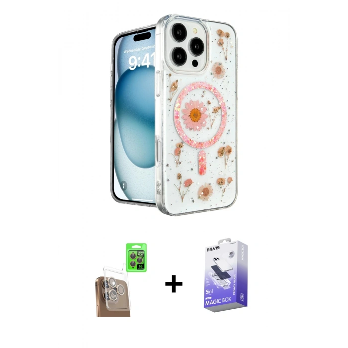 MARSİLYAN™- iPhone 16 Pro Max Kılıf Kozmos Doku - Siyah Bilvis 5in1 5D Magic Hayalet Cam Ekran Koruyucu + Raze Metal Kamera Lens - CLTM