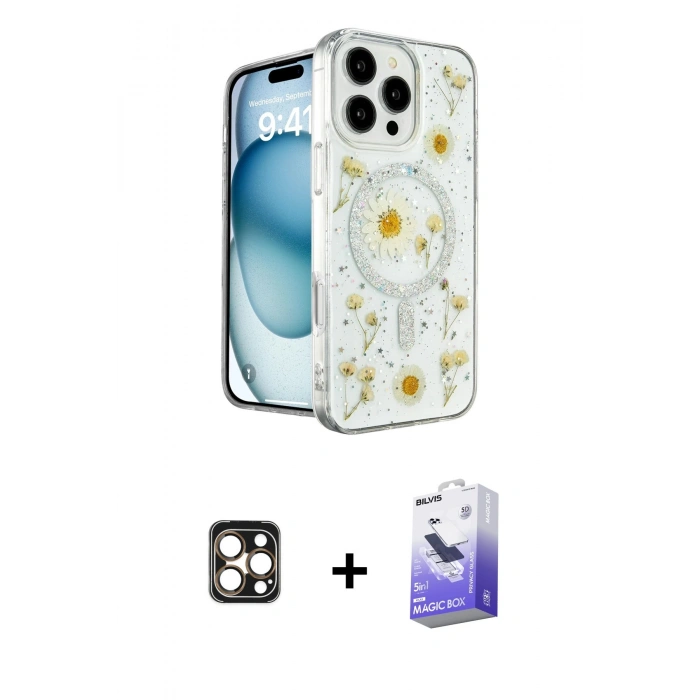 MARSİLYAN™- iPhone 16 Pro Max Kılıf Kozmos Doku - Siyah Bilvis 5in1 5D Magic Hayalet Cam Ekran Koruyucu + PVD Metal Kamera Lens - GD