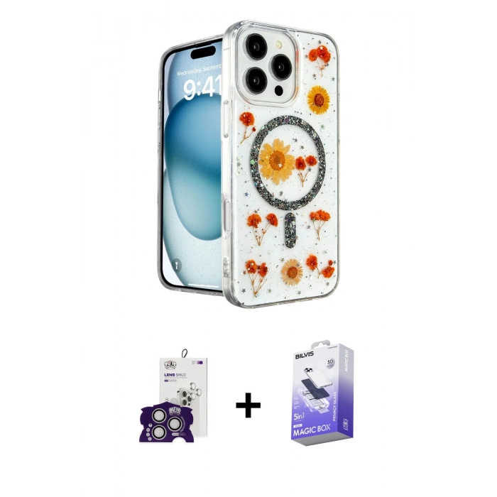MARSİLYAN™- iPhone 16 Pro Max Kılıf Kozmos Doku - Siyah Bilvis 5in1 5D Magic Hayalet Cam Ekran Koruyucu + Bilvis Titan Kamera Lens - GS