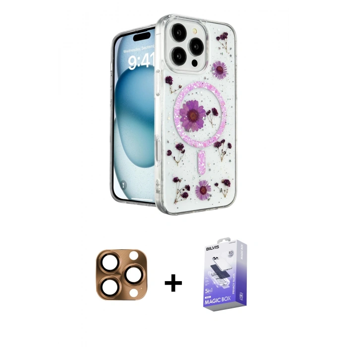 MARSİLYAN™- iPhone 16 Pro Max Kılıf Kozmos Doku - Siyah Bilvis 5in1 5D Magic Hayalet Cam Ekran Koruyucu + Pers Alüminyum Kamera Lens - CLTM