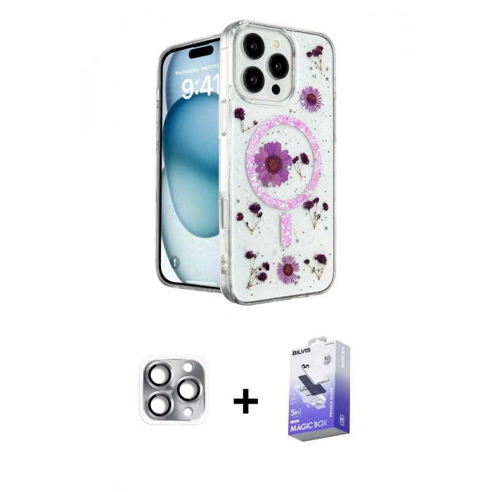 MARSİLYAN™- iPhone 16 Pro Max Kılıf Kozmos Doku - Siyah Bilvis 5in1 5D Magic Hayalet Cam Ekran Koruyucu + Pers Alüminyum Kamera Lens - GI