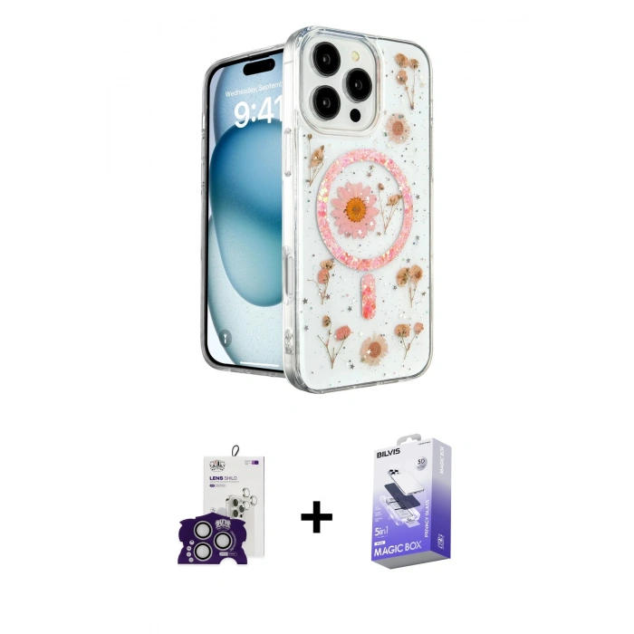 MARSİLYAN™- iPhone 16 Pro Max Kılıf Kozmos Doku - Siyah Bilvis 5in1 5D Magic Hayalet Cam Ekran Koruyucu + Bilvis Titan Kamera Lens - GS