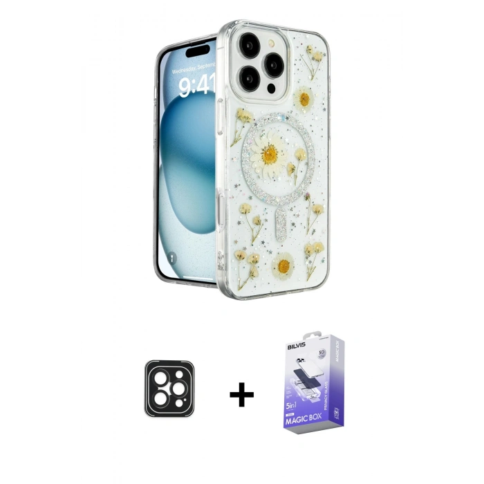 MARSİLYAN™- iPhone 16 Pro Max Kılıf Kozmos Doku - Siyah Bilvis 5in1 5D Magic Hayalet Cam Ekran Koruyucu + PVD Metal Kamera Lens - SH