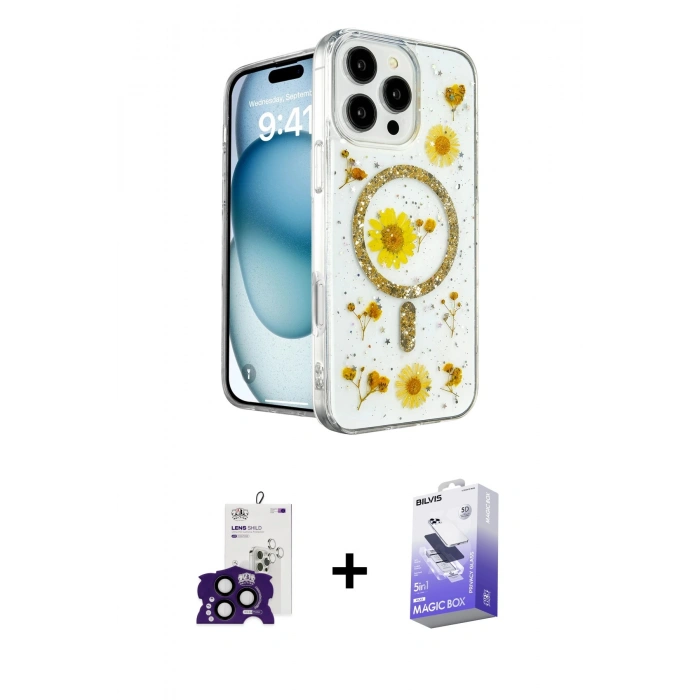 MARSİLYAN™- iPhone 16 Pro Max Kılıf Kozmos Doku - Siyah Bilvis 5in1 5D Magic Hayalet Cam Ekran Koruyucu + Bilvis Titan Kamera Lens - SH
