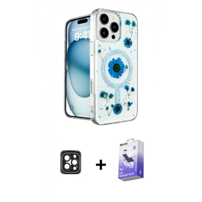 MARSİLYAN™- iPhone 16 Pro Max Kılıf Kozmos Doku - Siyah Bilvis 5in1 5D Magic Hayalet Cam Ekran Koruyucu + PVD Metal Kamera Lens - SH