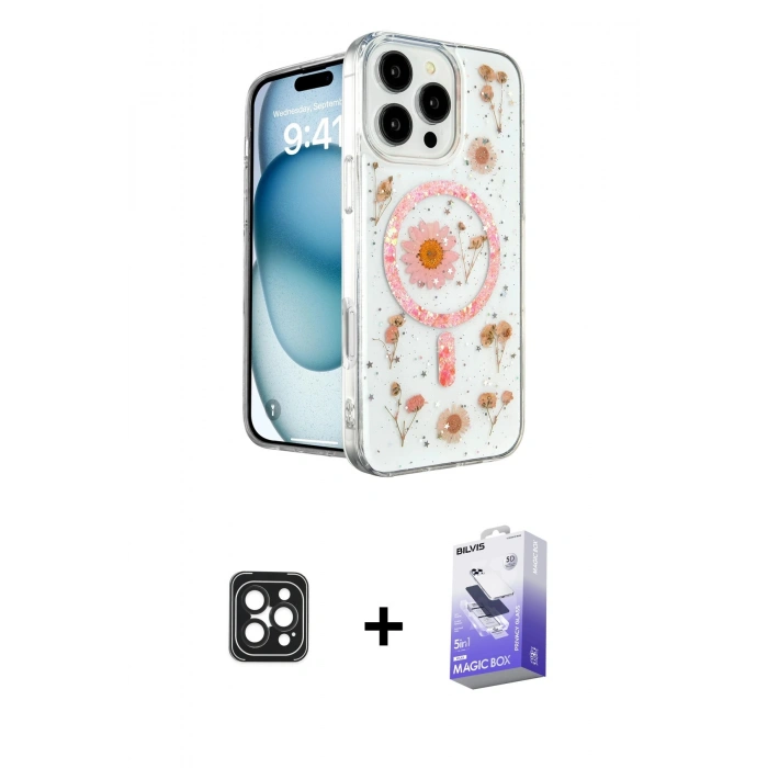 MARSİLYAN™- iPhone 16 Pro Max Kılıf Kozmos Doku - Siyah Bilvis 5in1 5D Magic Hayalet Cam Ekran Koruyucu + PVD Metal Kamera Lens - SH