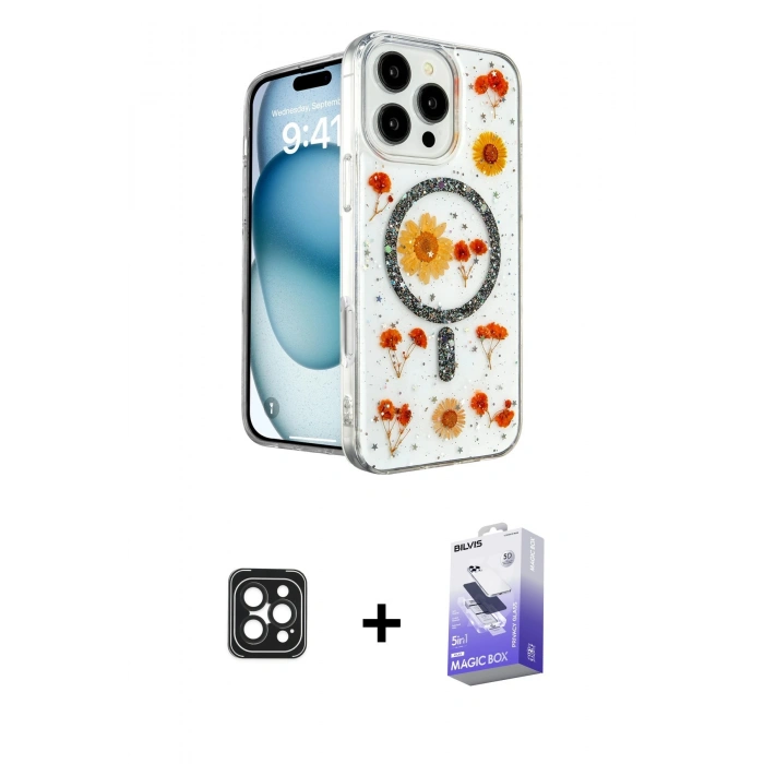 MARSİLYAN™- iPhone 16 Pro Max Kılıf Kozmos Doku - Siyah Bilvis 5in1 5D Magic Hayalet Cam Ekran Koruyucu + PVD Metal Kamera Lens - SH