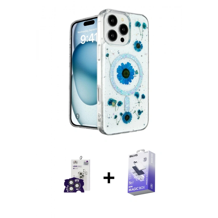 MARSİLYAN™- iPhone 16 Pro Max Kılıf Kozmos Doku - Siyah Bilvis 5in1 5D Magic Hayalet Cam Ekran Koruyucu + Bilvis Titan Kamera Lens - TMGI