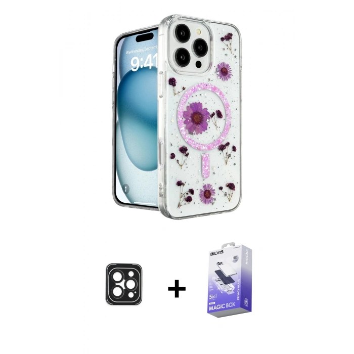 MARSİLYAN™- iPhone 16 Pro Max Kılıf Kozmos Doku - Siyah Bilvis 5in1 5D Magic Hayalet Cam Ekran Koruyucu + PVD Metal Kamera Lens - SH