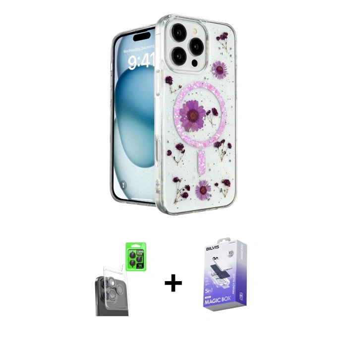 MARSİLYAN™- iPhone 16 Pro Max Kılıf Kozmos Doku - Siyah Bilvis 5in1 5D Magic Hayalet Cam Ekran Koruyucu + Raze Metal Kamera Lens - SH