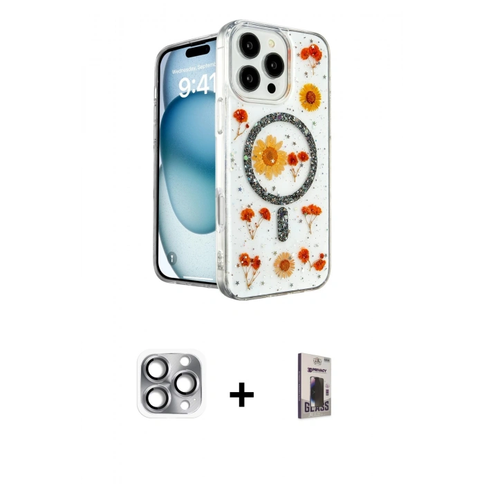 MARSİLYAN™- iPhone 16 Pro Max Kılıf Kozmos Doku - Siyah Bilvis Hayalet Cam Ekran Koruyucu + Pers Alüminyum Kamera Lens - GI