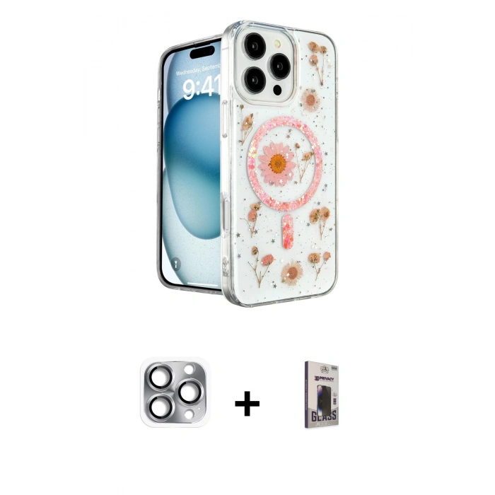 MARSİLYAN™- iPhone 16 Pro Max Kılıf Kozmos Doku - Siyah Bilvis Hayalet Cam Ekran Koruyucu + Pers Alüminyum Kamera Lens - GI