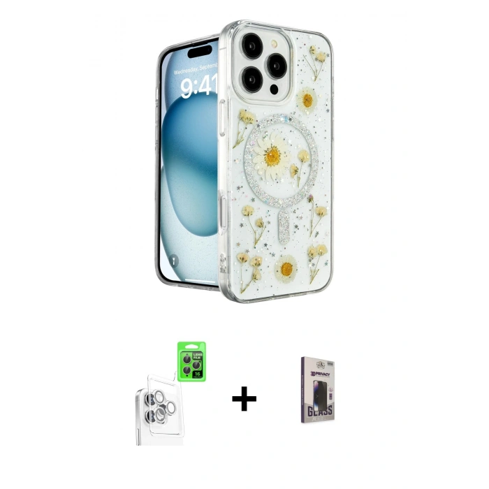 MARSİLYAN™- iPhone 16 Pro Max Kılıf Kozmos Doku - Siyah Bilvis Hayalet Cam Ekran Koruyucu + Raze Metal Kamera Lens - BZ