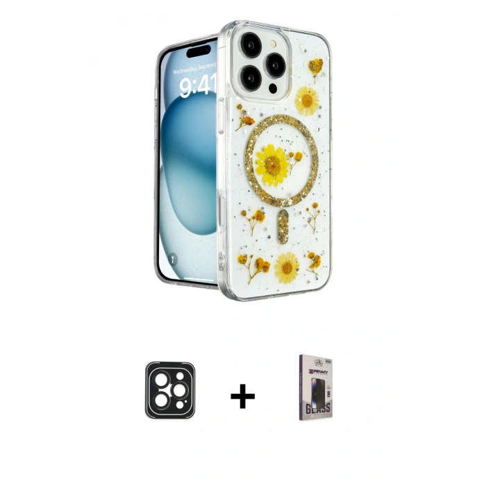 MARSİLYAN™- iPhone 16 Pro Max Kılıf Kozmos Doku - Siyah Bilvis Hayalet Cam Ekran Koruyucu + Siyah PVD Metal Kamera Lens