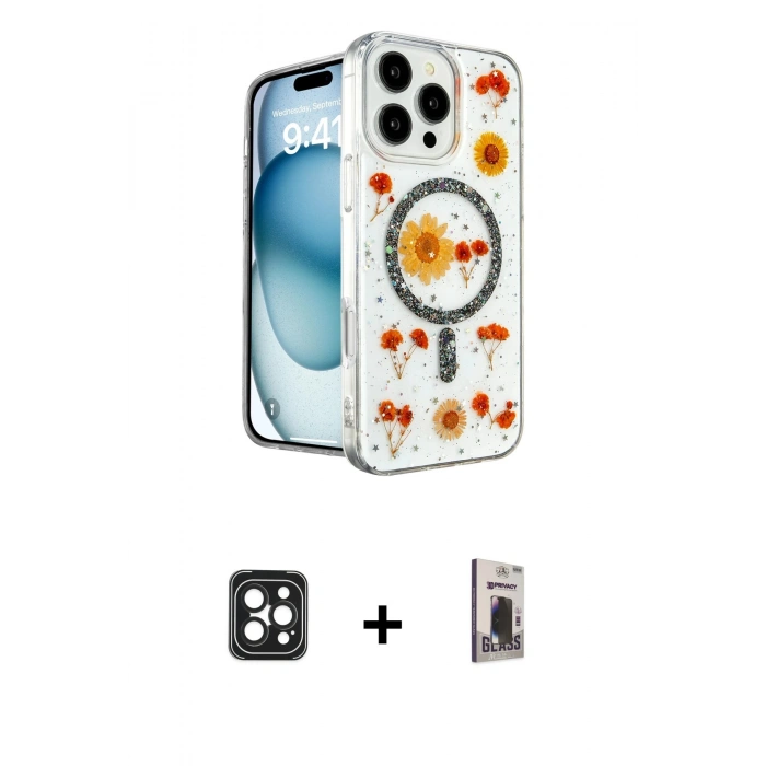 MARSİLYAN™- iPhone 16 Pro Max Kılıf Kozmos Doku - Siyah Bilvis Hayalet Cam Ekran Koruyucu + Siyah PVD Metal Kamera Lens