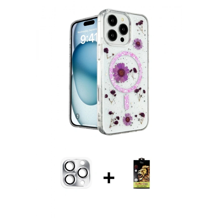 MARSİLYAN™- iPhone 16 Pro Max Kılıf Kozmos Doku - Siyah Buffer Cam Ekran Koruyucu + Pers Alüminyum Kamera Lens - GS