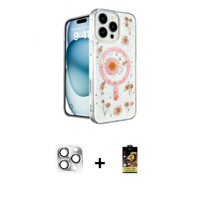 MARSİLYAN™- iPhone 16 Pro Max Kılıf Kozmos Doku - Siyah Buffer Cam Ekran Koruyucu + Pers Alüminyum Kamera Lens - GS
