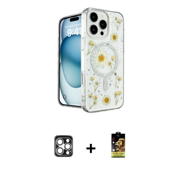 MARSİLYAN™- iPhone 16 Pro Max Kılıf Kozmos Doku - Siyah Buffer Cam Ekran Koruyucu + PVD Metal Kamera Lens - GS
