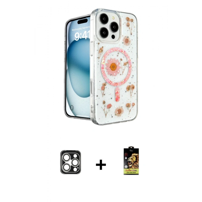 MARSİLYAN™- iPhone 16 Pro Max Kılıf Kozmos Doku - Siyah Buffer Cam Ekran Koruyucu + PVD Metal Kamera Lens - GS