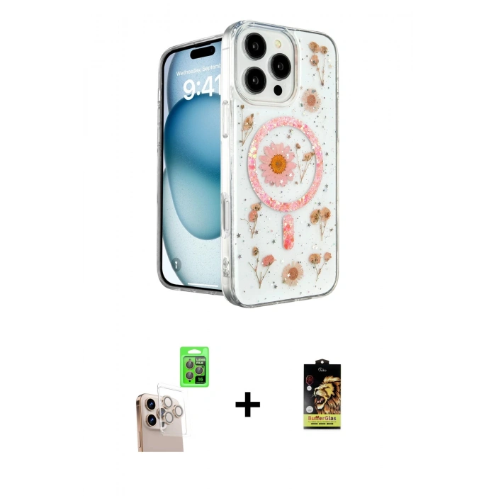 MARSİLYAN™- iPhone 16 Pro Max Kılıf Kozmos Doku - Siyah Buffer Cam Ekran Koruyucu + Raze Metal Kamera Lens - NLGY