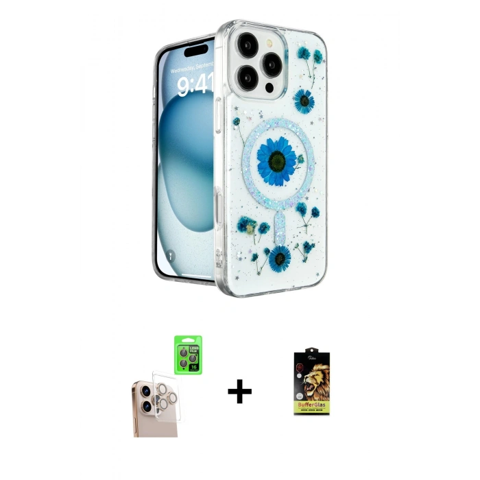 MARSİLYAN™- iPhone 16 Pro Max Kılıf Kozmos Doku - Siyah Buffer Cam Ekran Koruyucu + Raze Metal Kamera Lens - NLGY