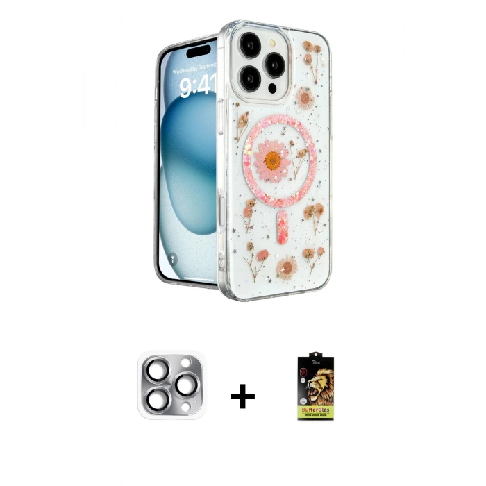 MARSİLYAN™- iPhone 16 Pro Max Kılıf Kozmos Doku - Siyah Buffer Cam Ekran Koruyucu + Pers Alüminyum Kamera Lens - GI