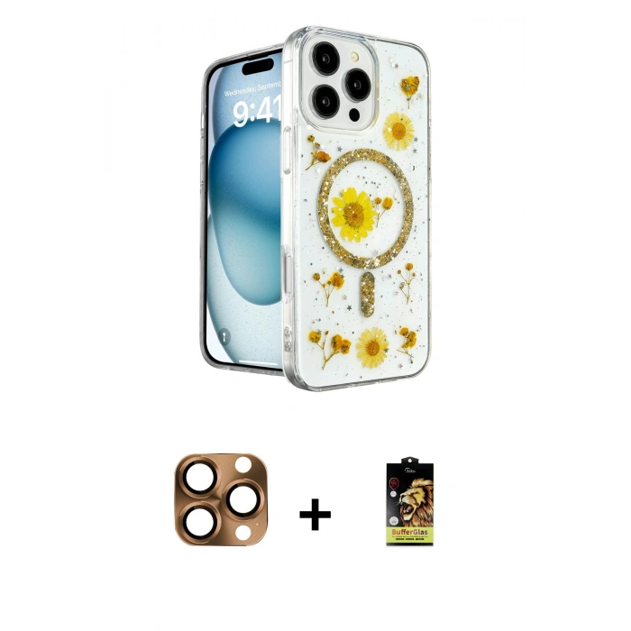 MARSİLYAN™- iPhone 16 Pro Max Kılıf Kozmos Doku - Siyah Buffer Cam Ekran Koruyucu + Pers Alüminyum Kamera Lens - CLTM
