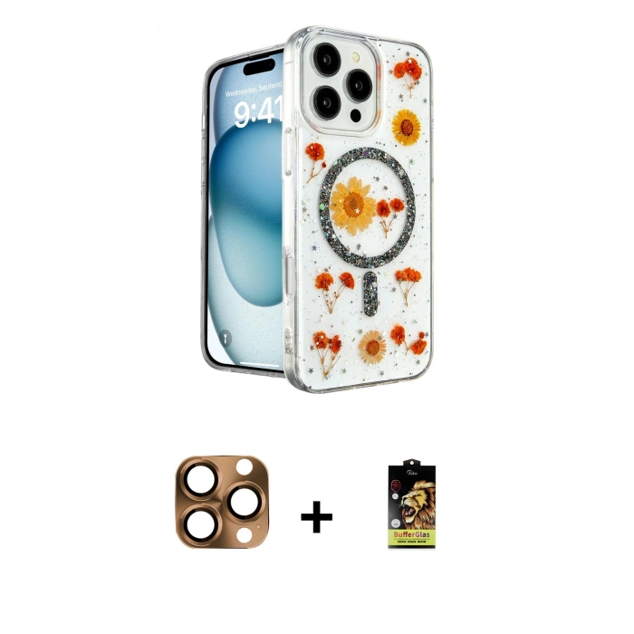 MARSİLYAN™- iPhone 16 Pro Max Kılıf Kozmos Doku - Siyah Buffer Cam Ekran Koruyucu + Pers Alüminyum Kamera Lens - CLTM