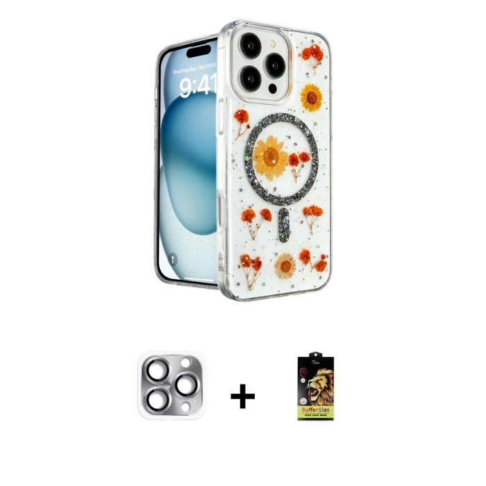 MARSİLYAN™- iPhone 16 Pro Max Kılıf Kozmos Doku - Siyah Buffer Cam Ekran Koruyucu + Pers Alüminyum Kamera Lens - GI