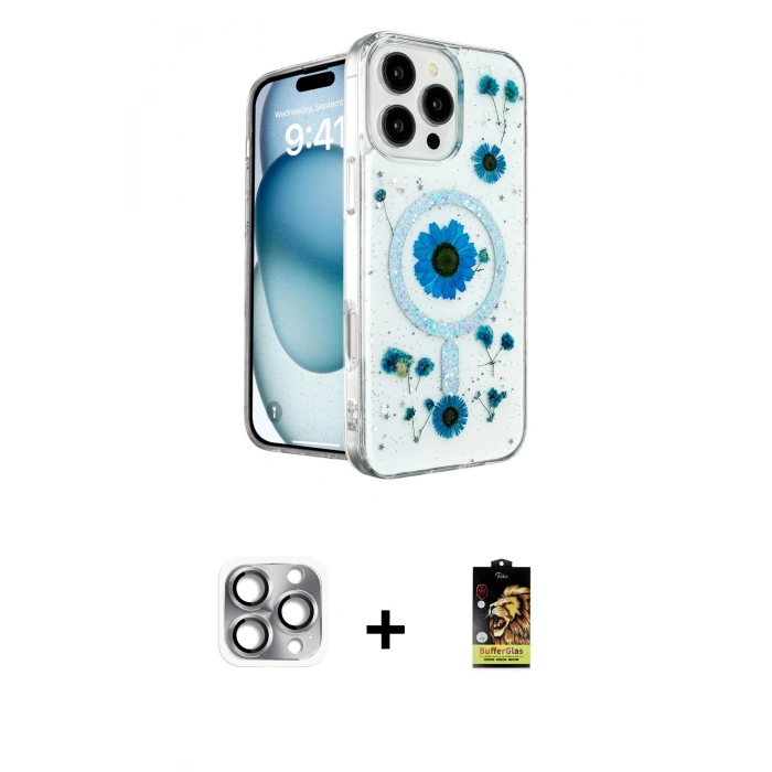MARSİLYAN™- iPhone 16 Pro Max Kılıf Kozmos Doku - Siyah Buffer Cam Ekran Koruyucu + Pers Alüminyum Kamera Lens - GI