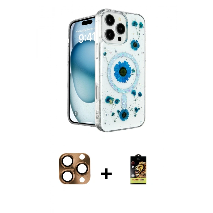 MARSİLYAN™- iPhone 16 Pro Max Kılıf Kozmos Doku - Siyah Buffer Cam Ekran Koruyucu + Pers Alüminyum Kamera Lens - CLTM