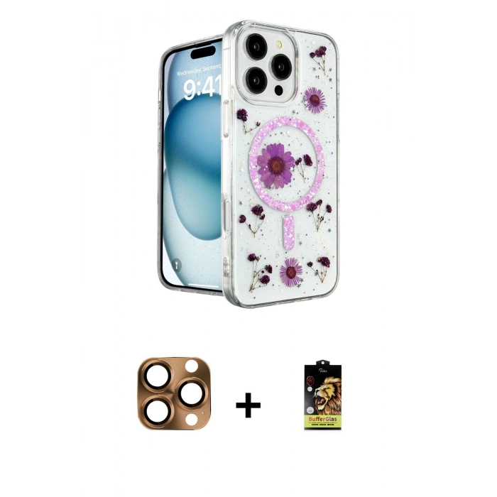 MARSİLYAN™- iPhone 16 Pro Max Kılıf Kozmos Doku - Siyah Buffer Cam Ekran Koruyucu + Pers Alüminyum Kamera Lens - CLTM