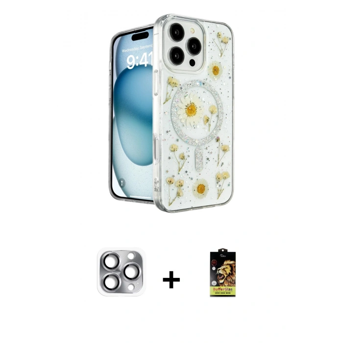 MARSİLYAN™- iPhone 16 Pro Max Kılıf Kozmos Doku - Siyah Buffer Cam Ekran Koruyucu + Pers Alüminyum Kamera Lens - GI