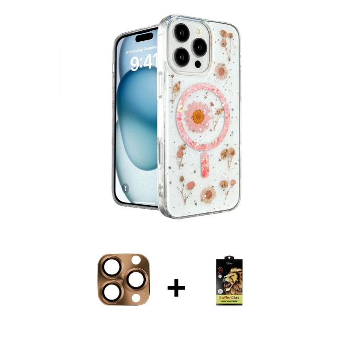 MARSİLYAN™- iPhone 16 Pro Max Kılıf Kozmos Doku - Siyah Buffer Cam Ekran Koruyucu + Pers Alüminyum Kamera Lens - CLTM