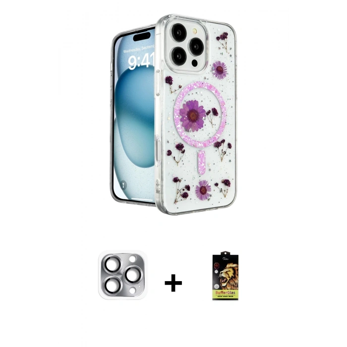 MARSİLYAN™- iPhone 16 Pro Max Kılıf Kozmos Doku - Siyah Buffer Cam Ekran Koruyucu + Pers Alüminyum Kamera Lens - GI