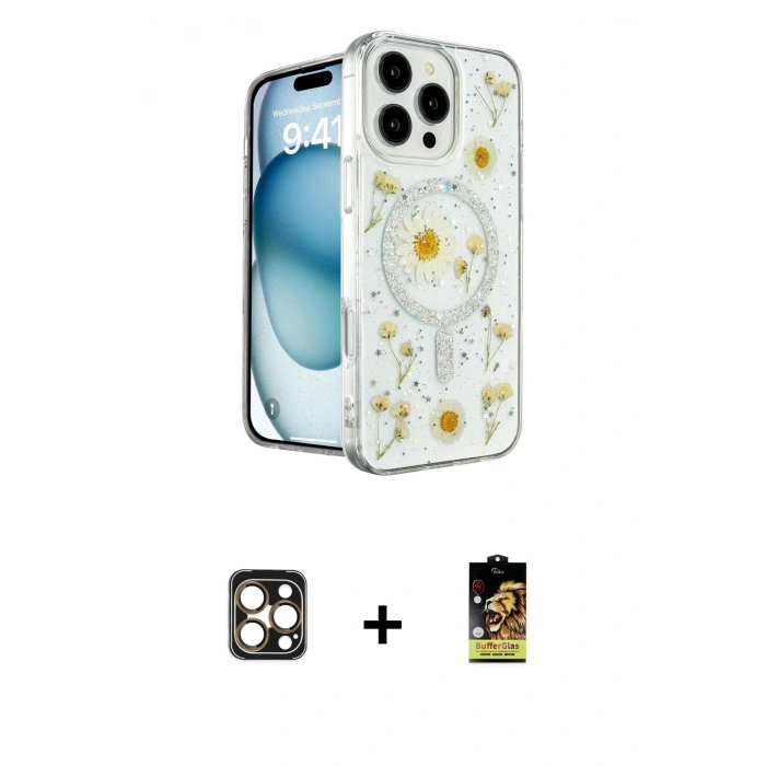 MARSİLYAN™- iPhone 16 Pro Max Kılıf Kozmos Doku - Siyah Buffer Cam Ekran Koruyucu + PVD Metal Kamera Lens - GD
