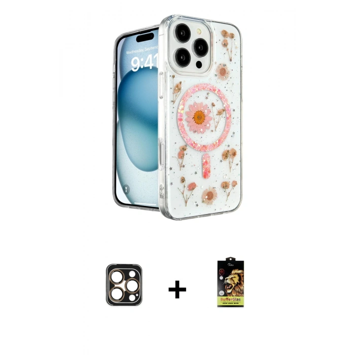 MARSİLYAN™- iPhone 16 Pro Max Kılıf Kozmos Doku - Siyah Buffer Cam Ekran Koruyucu + PVD Metal Kamera Lens - GD