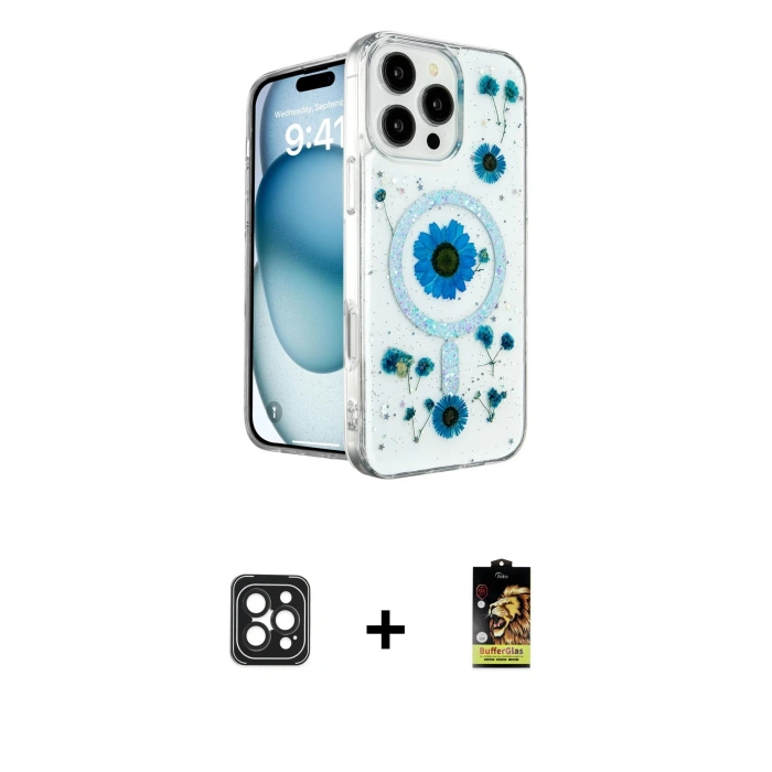 MARSİLYAN™- iPhone 16 Pro Max Kılıf Kozmos Doku - Siyah Buffer Cam Ekran Koruyucu + PVD Metal Kamera Lens - SH