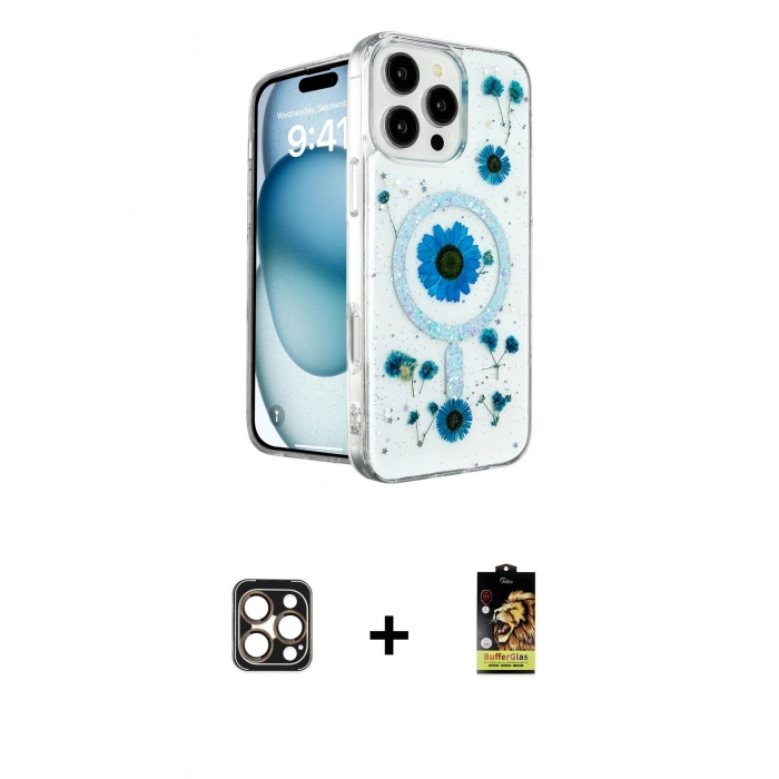 MARSİLYAN™- iPhone 16 Pro Max Kılıf Kozmos Doku - Siyah Buffer Cam Ekran Koruyucu + PVD Metal Kamera Lens - GD