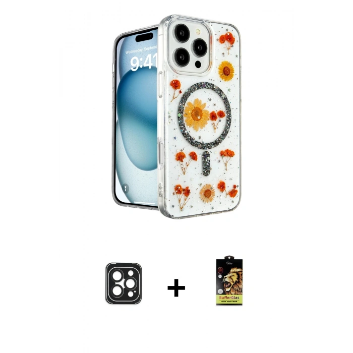 MARSİLYAN™- iPhone 16 Pro Max Kılıf Kozmos Doku - Siyah Buffer Cam Ekran Koruyucu + PVD Metal Kamera Lens - SH
